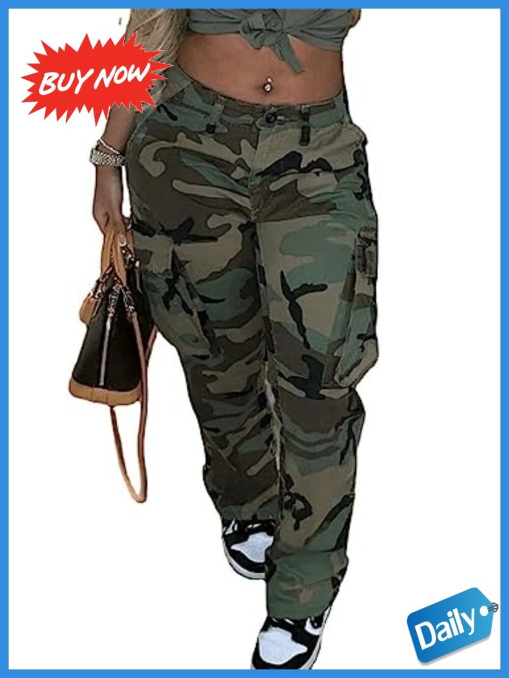Womens Camo Cargo Pants Polyester Spandex High Waisted Baggy Joggers